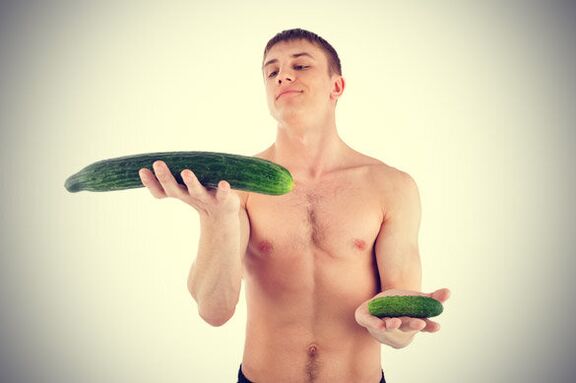 a small and enlarged penis on the example of a cucumber